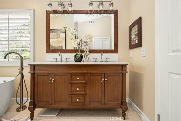 Bathroom, Dual Sink Vanities, Free Standing Baths, Interior, Wood Texture Flooring
