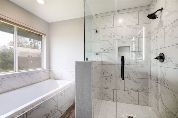 Bathroom, Glass Shower, Interior, Marble Walls, Recessed Lighting