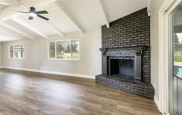 Empty room, Fireplace, Interior, Stone Walls, Wood Texture Flooring