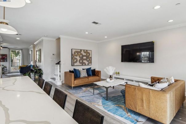 Dining room, Interior, Living room, Recessed Lighting, Wood Texture Flooring
