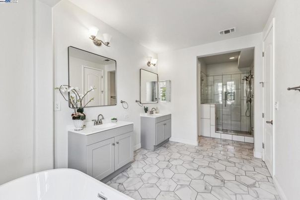 Bathroom, Dual Sink Vanities, Glass Shower, Interior, Marble, Recessed Lighting