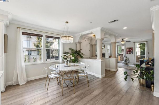 Chandelier, Dining room, Interior, Recessed Lighting, Wood Texture Flooring
