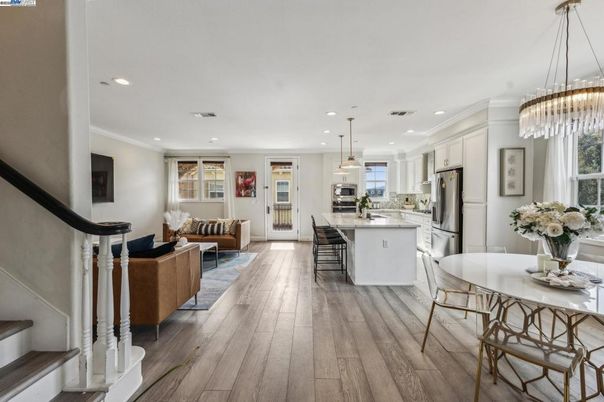 Dining room, Interior, Kitchen, Living room, Pendant Lights, Recessed Lighting, Stainless Steel Appliances, Wood Texture Flooring