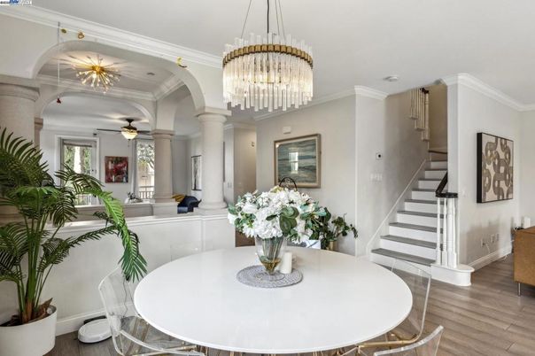 Chandelier, Dining room, Interior, Wood Texture Flooring