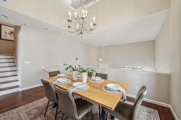 Chandelier, Dining room, Interior, Pendant Lights, Recessed Lighting, Wood Texture Flooring