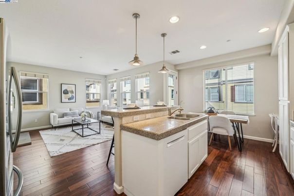 Dining room, Interior, Living room, Pendant Lights, Recessed Lighting, Wood Texture Flooring