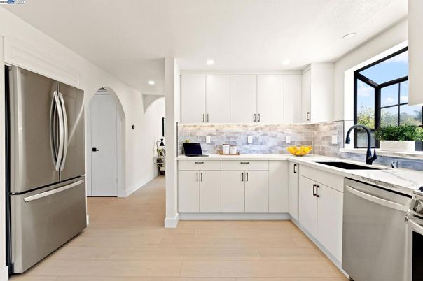 Interior, Kitchen, Recessed Lighting, Stainless Steel Appliances, Wood Texture Flooring