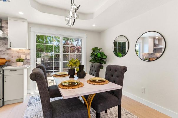 Dining room, Interior, Pendant Lights, Recessed Lighting, Wood Texture Flooring