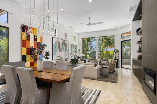 Dining room, Fireplace, Interior, Living room, Pendant Lights, Recessed Lighting