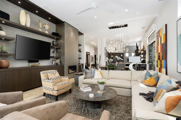Dining room, Fireplace, Interior, Kitchen, Living room, Pendant Lights, Recessed Lighting