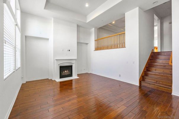 Empty room, Fireplace, Interior, Recessed Lighting, Wood Texture Flooring
