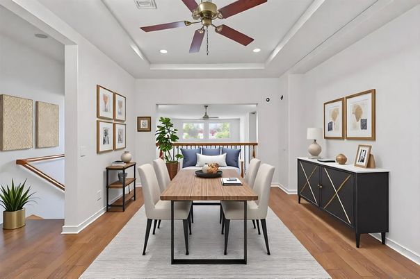 Dining room, Interior, Recessed Lighting, Wood Texture Flooring