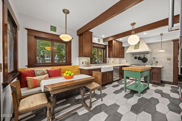 Interior, Kitchen, Pendant Lights, Recessed Lighting, Stainless Steel Appliances, Stone Walls