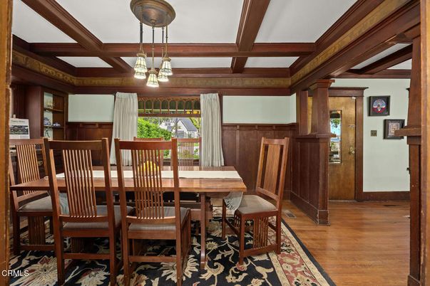 Dining room, Interior, Pendant Lights, Wooden Beams, Wood Texture Flooring