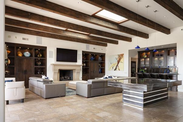 Fireplace, Interior, Living room, Pendant Lights, Recessed Lighting, Wooden Beams