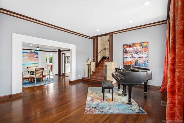 Dining room, Interior, Piano, Recessed Lighting, Wood Texture Flooring