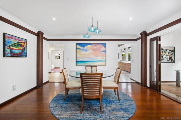 Dining room, Interior, Pendant Lights, Recessed Lighting, Wood Texture Flooring