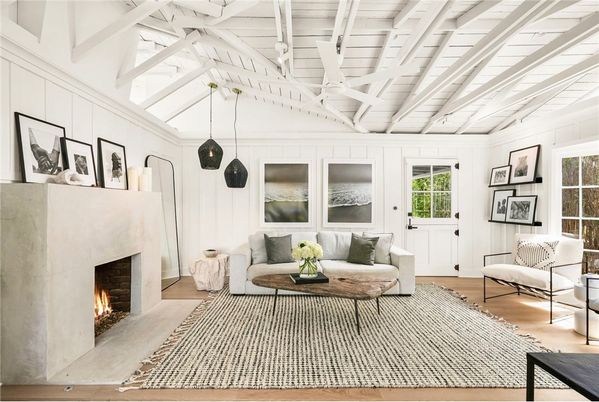 Fireplace, Interior, Living room, Pendant Lights, Wood Texture Flooring