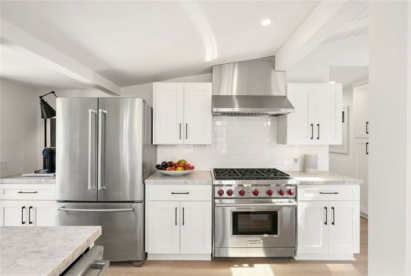 Interior, Kitchen, Recessed Lighting, Stainless Steel Appliances, Wood Texture Flooring