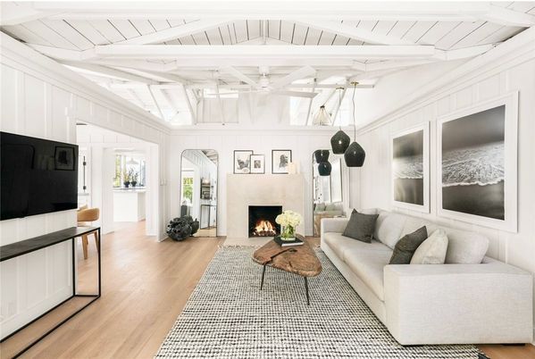 Fireplace, Interior, Living room, Pendant Lights, Wood Texture Flooring