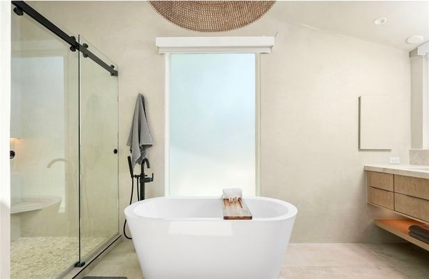 Bathroom, Free Standing Baths, Glass Shower, Interior, Recessed Lighting