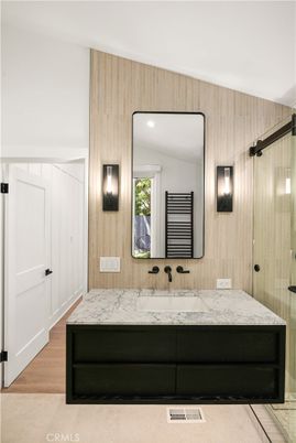 Bathroom, Interior, Recessed Lighting, Wood Texture Flooring, Wooden Walls