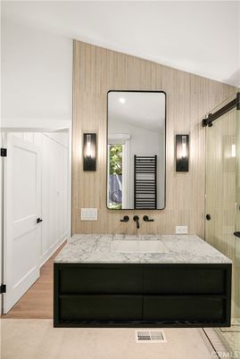 Bathroom, Interior, Recessed Lighting, Wood Texture Flooring, Wooden Walls
