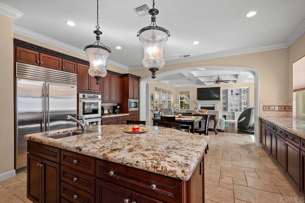 Dining room, Fireplace, Interior, Kitchen, Living room, Pendant Lights, Recessed Lighting, Stainless Steel Appliances