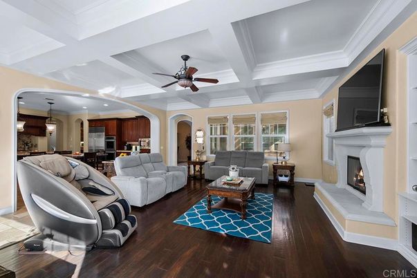 Fireplace, Interior, Kitchen, Living room, Pendant Lights, Recessed Lighting, Wood Texture Flooring