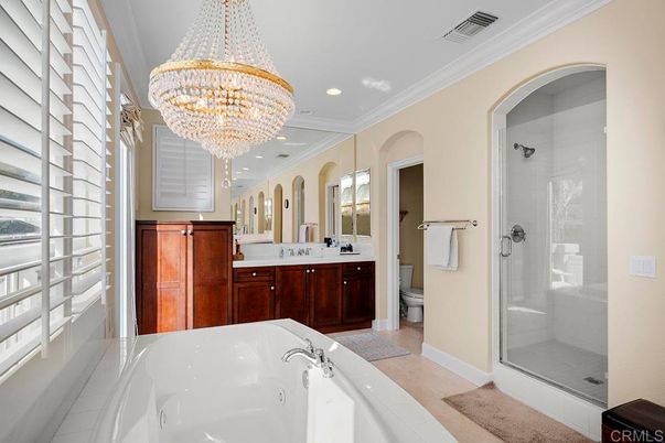 Bathroom, Chandelier, Dual Sink Vanities, Glass Shower, Interior, Recessed Lighting