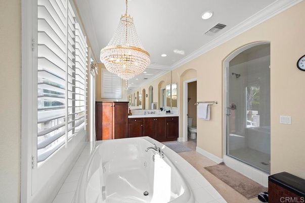 Bathroom, Chandelier, Glass Shower, Interior, Recessed Lighting