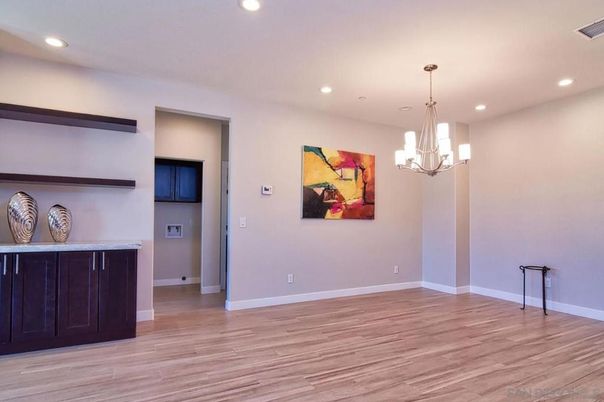 Chandelier, Empty room, Interior, Pendant Lights, Recessed Lighting, Wood Texture Flooring