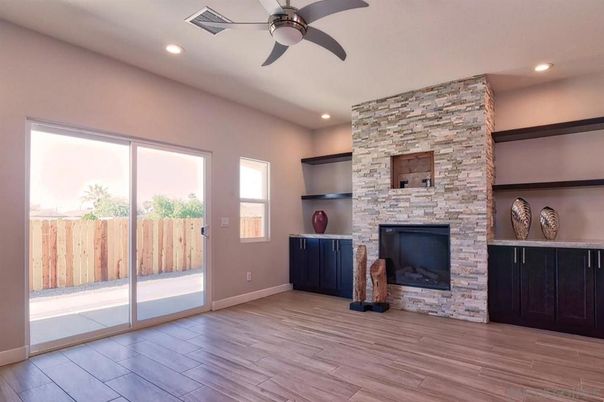Fireplace, Interior, Recessed Lighting, Stone Walls, Wood Texture Flooring
