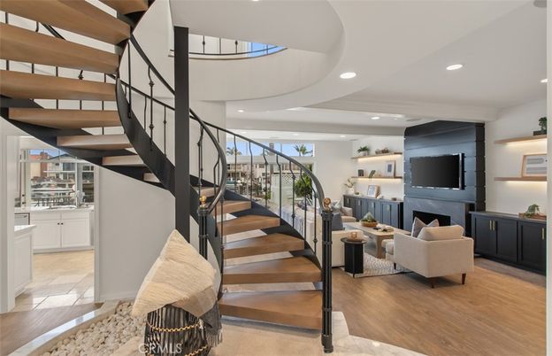 Fireplace, Interior, Living room, Recessed Lighting, Wood Texture Flooring