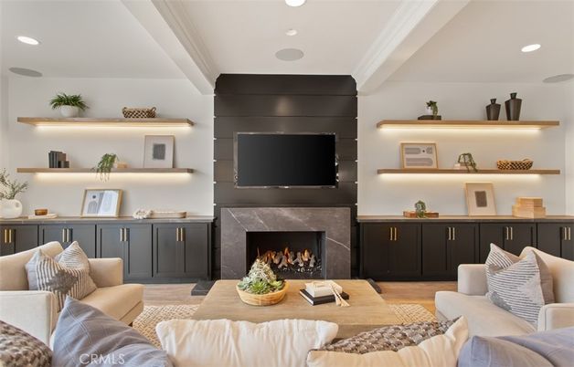 Fireplace, Interior, Living room, Recessed Lighting, Wood Texture Flooring