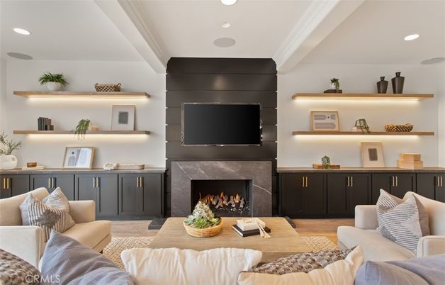 Fireplace, Interior, Living room, Recessed Lighting, Wood Texture Flooring