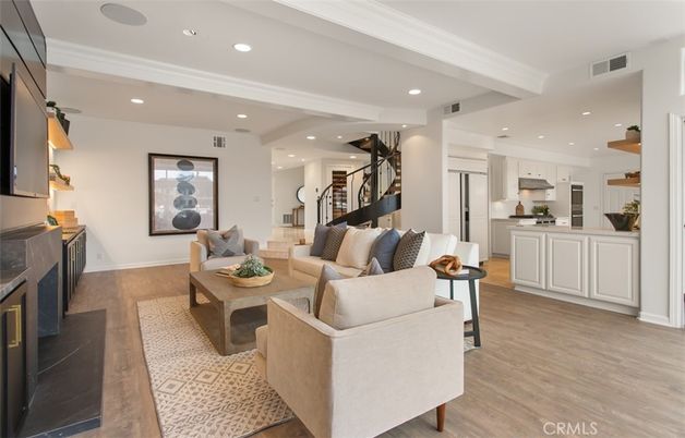 Fireplace, Interior, Kitchen, Living room, Recessed Lighting, Stainless Steel Appliances, Wood Texture Flooring