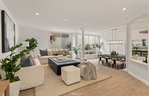 Dining room, Fireplace, Interior, Living room, Pendant Lights, Recessed Lighting, Wood Texture Flooring