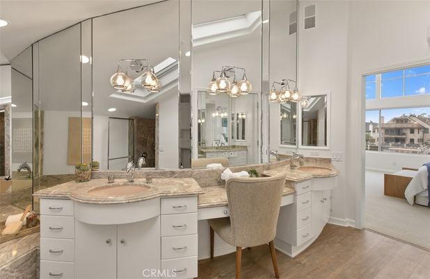 Bathroom, Dual Sink Vanities, Interior, Recessed Lighting, Wood Texture Flooring