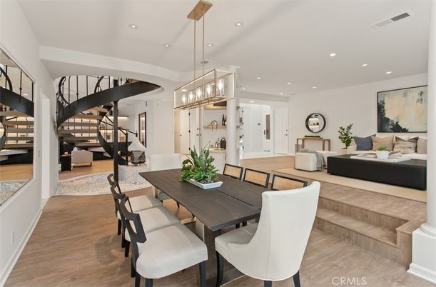 Dining room, Interior, Living room, Pendant Lights, Recessed Lighting, Wood Texture Flooring