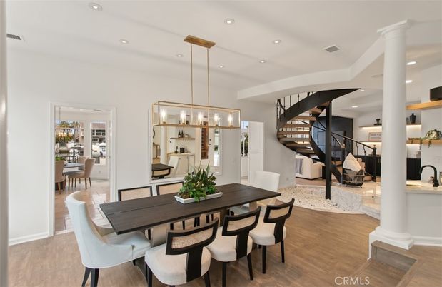 Dining room, Interior, Pendant Lights, Recessed Lighting, Wood Texture Flooring