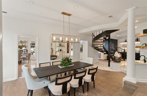 Dining room, Interior, Pendant Lights, Recessed Lighting, Wood Texture Flooring