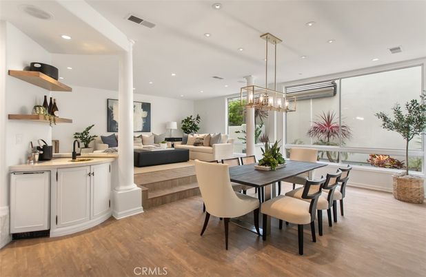 Dining room, Interior, Living room, Pendant Lights, Recessed Lighting, Wood Texture Flooring