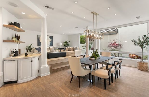 Dining room, Interior, Living room, Pendant Lights, Recessed Lighting, Wood Texture Flooring