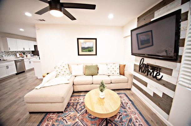 Fireplace, Interior, Kitchen, Living room, Recessed Lighting, Wood Texture Flooring