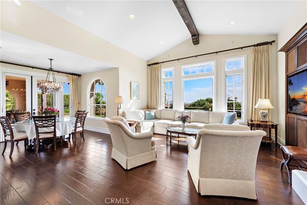 Chandelier, Dining room, Interior, Living room, Recessed Lighting, Wooden Beams, Wood Texture Flooring