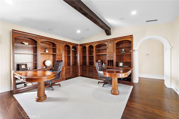 Home Office, Interior, Recessed Lighting, Wooden Beams, Wood Texture Flooring