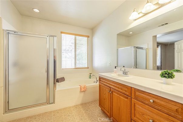Bathroom, Dual Sink Vanities, Glass Shower, Interior, Recessed Lighting, Tile Countertops