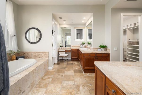 Bathroom, Dual Sink Vanities, Interior, Recessed Lighting, Tile Countertops