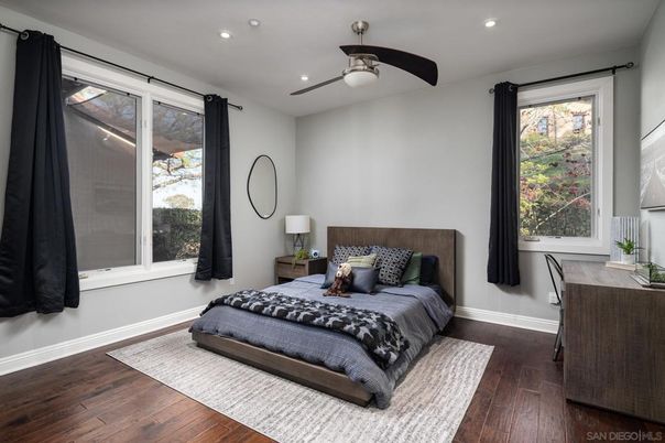 Bedroom, Interior, Recessed Lighting, Wood Texture Flooring